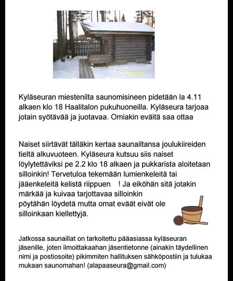 Saunailta kyläseuran miehille 4.11.2017 ja naisille 2.2.2018